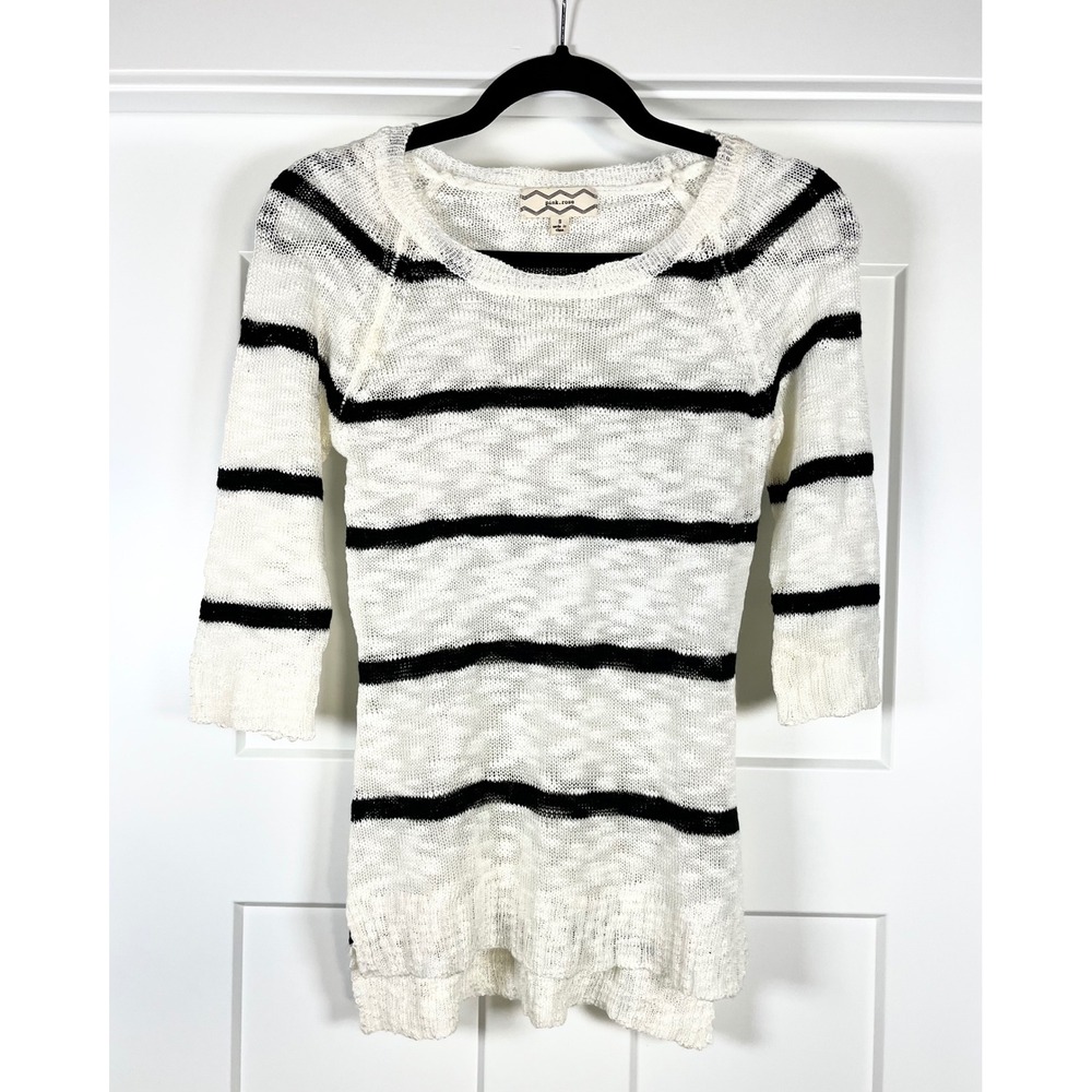 Pink Rose Striped Mesh Open Knit Sweater S Small Scoop Neck Sheer Boho Pullover